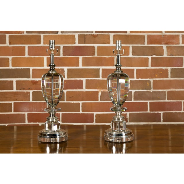 Mid 20th Century Mid 20th Century French Crystal Single-Light Table Lamps on Lucite Bases - Pair For Sale - Image 5 of 12