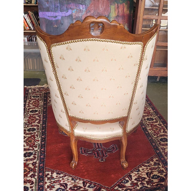 1940s French Carved Wing Chair Bumble Bee Fabric For Sale - Image 9 of 12