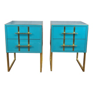 Light Blue Murano Glass Bedside Tables in Brass and Gray Velvet from Justfurnituress SRL, Set of 2 For Sale