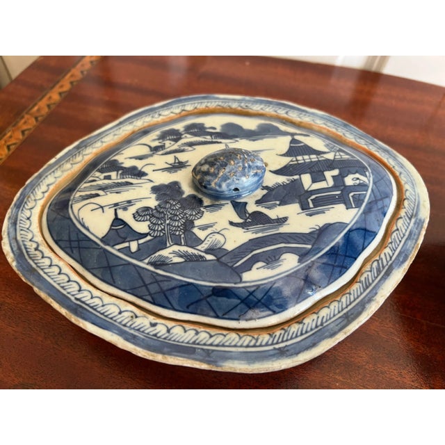 Ceramic Antique Chinese Export-Style Canton Blue & White Covered Dishes- a Pair For Sale - Image 7 of 8