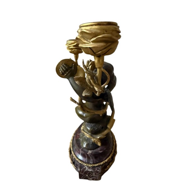 Fine French Neoclassical Bronze Dore Highlights. Marble Ormolu Cherubs Candleholders. Marble Footed. Titled Cherub Candelabra by L Bureau. For Sale - Image 10 of 12