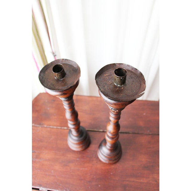 Brown 17th/18th Century Portuguese Carved and Turned Wood Candlesticks - a Pair For Sale - Image 8 of 13