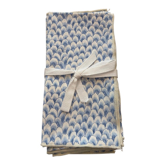 Late 20th Century French Blue & Cream Feather Print Cotton Napkins - Set of 8 For Sale