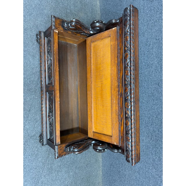 Wood Rj Horner Style American Carved Quarter Sawn Oak Hall Bench With Lift Seat Storage For Sale - Image 7 of 12