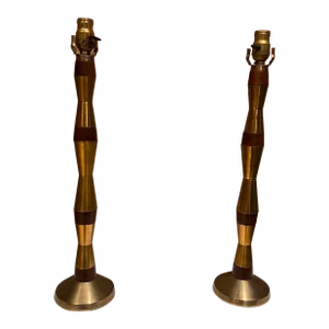 1960s Tall Table Lamps Solid Mahogany and Brass