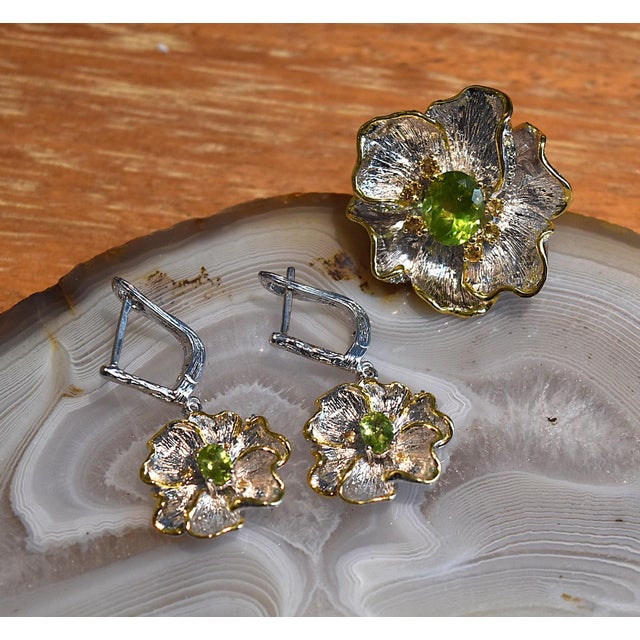 Artisan Peridot Citrine Flower Adjustable Ring Sterling Silver, Size 7.25 For Sale - Image 15 of 15
