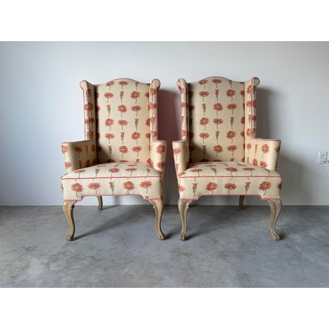 Vintage Hollywood Regency Style Floral Upholstered Wingback Lounge Chairs – A Pair For Sale - Image 4 of 15