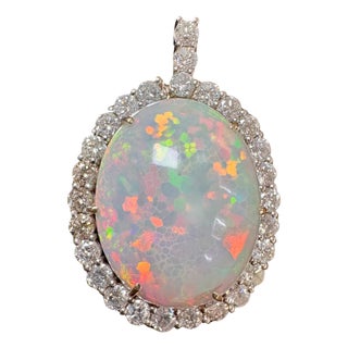 52 Carat Oval Ethiopian Opal & Diamond Pendant 14 Karat White Gold Necklace For Sale