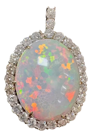 52 Carat Oval Ethiopian Opal & Diamond Pendant 14 Karat White Gold Necklace