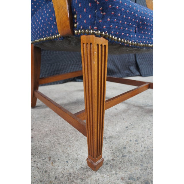 2 Mid Century Federal Mahogany Office Arm Chairs Blue Polka Dot Tufted Fabric For Sale - Image 10 of 12