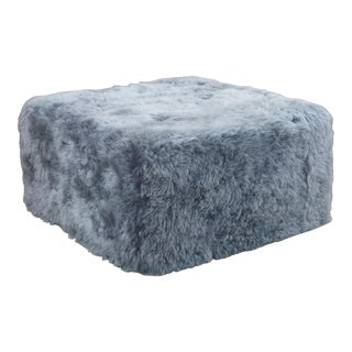 Modern Tibetan Gray Blue Sheep Pouf Ottoman For Sale