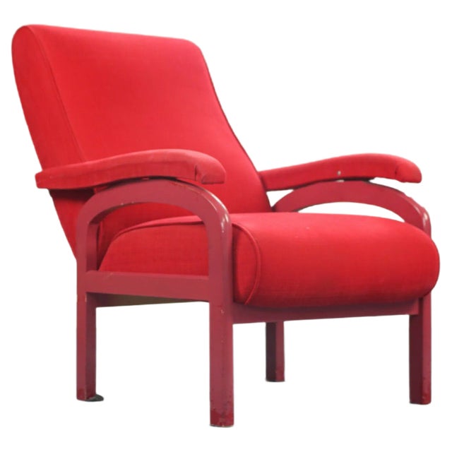 Red Fabric and Wood Reclining Lounge Chair, 1970s For Sale