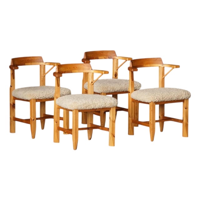 Danish Pine Dining Chairs in Lambswool, 1970s, Set of 4 For Sale