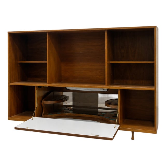 Mid Century Modern Liquor Cabinet Bar | Walnut Bookcase Wall Unit, C. 1960's For Sale