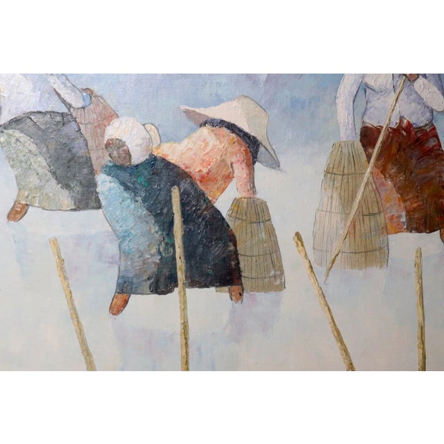 Blue 1980s Original Vintage v. Chaiduang Thai Impressionism Ladies Fishing Oil Painting Art For Sale - Image 8 of 11