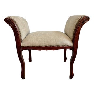 French Provincial Bench, Mahogany & Linen, Brass Nailheads, 1940s For Sale