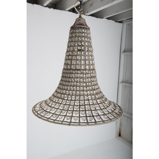 1970s French Bell Shaped Glass Pendant Chandelier, Beaded Metal For Sale - Image 11 of 13