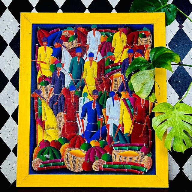 Signed Haitian Market Scene Folk Art Painting in Yellow Frame, 26" For Sale - Image 9 of 11