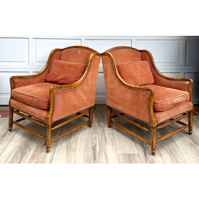 Contemporary Pair of Vintage Cal-Mode French Walnut Lounge Chairs in Terracotta Upholstery For Sale - Image 3 of 16