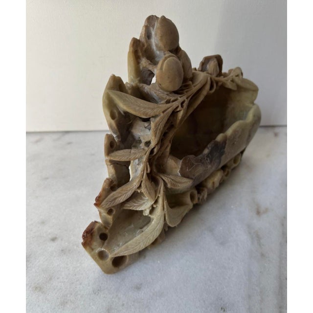 Vintage Chinese Hand-Carved Soapstone Brush Pot and Inkwell Featuring Intricate Openwork Foliage and Fruit Accents For Sale - Image 10 of 13