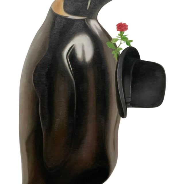 Modern Original Francois Lucet Painting "Rendez Vous D'amour" Penguin Rose Oil Canvas 29x40 Usa 2019 For Sale - Image 3 of 8