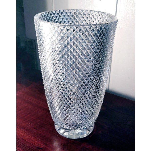 1990s Baccarat Style Micro Stacked Diamond Cut Lead Crystal Flower Vase