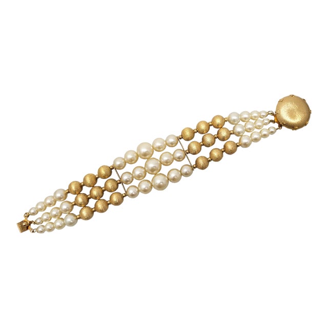 Vintage 1950s Signed Napier Goldtone & Faux-Pearl Beaded Bracelet For Sale