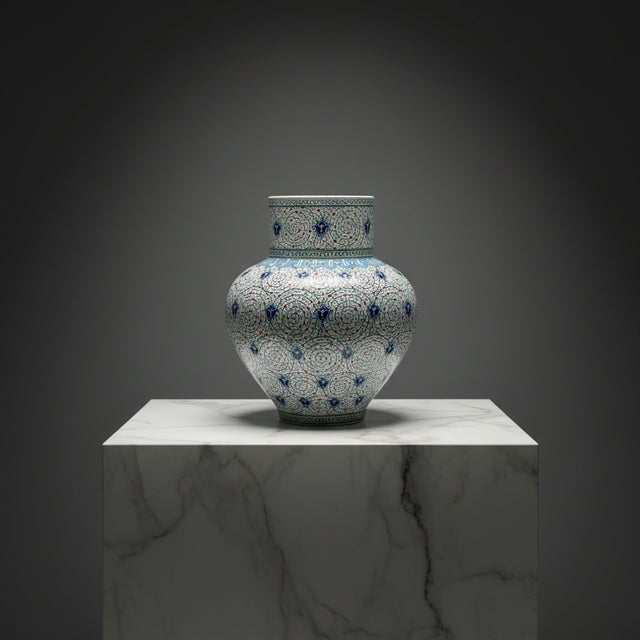 Handmade Ceramic Large Iznik Vase Monumental Size Golden Horn (Halic) Style Scroll Pattern For Sale - Image 6 of 6