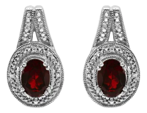 .925 Sterling Silver Diamond Accent and 8x6mm Red Oval Garnet Stud Earrings (I-J Color, I1-I2 Clarity) - 2 Pieces
