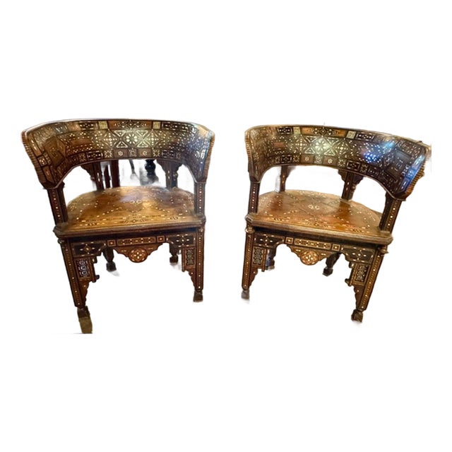 Pair of Early 20th C. Middle Eastern Bone and Pearl Inlaid Chairs For Sale