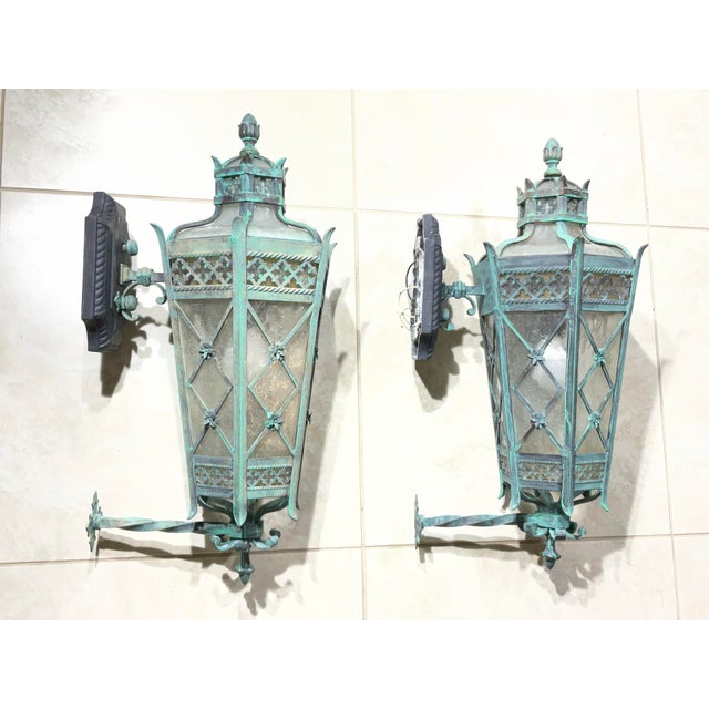 Large Pair of Handcrafted Wall-Mounted Solid Brass Lanterns / Sconces For Sale - Image 15 of 18
