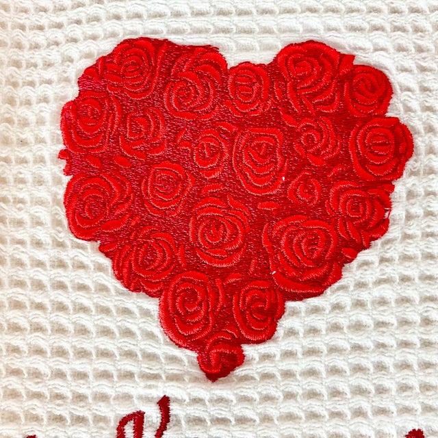 Vintage Hollywood Regency St. Valentine Waffle Kitchen Towel With Roses Heart For Sale - Image 12 of 13