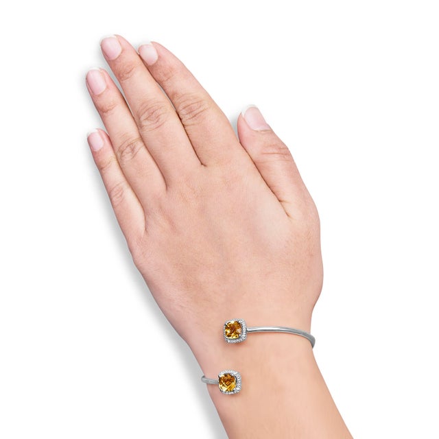 .925 Sterling Silver 8mm Cushion Cut Yellow Citrine Gemstone and Diamond Accent Split Bypass Bangle Bracelet Fits up to 7.75" For Sale - Image 4 of 5