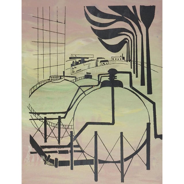 Mid-Century Modern Vintage Mid Century Industrial Refinery Scene Green & Purple Serigraph For Sale - Image 3 of 3
