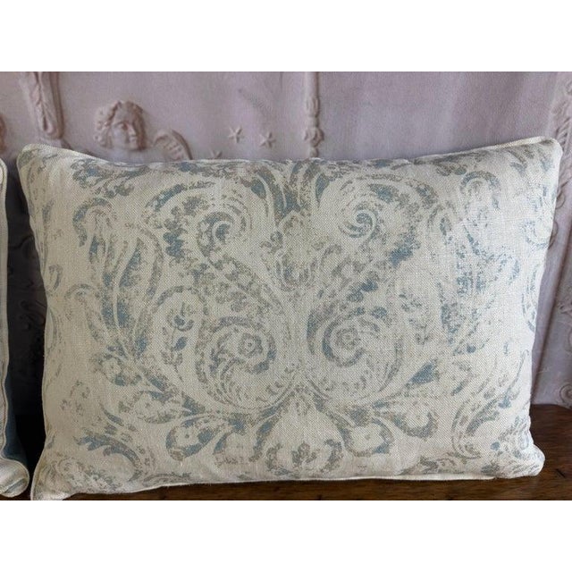 Melissa Levinson Pair of Custom Printed Linen Lumbar Pillows in Faded Aqua Baroque Damask For Sale - Image 4 of 10