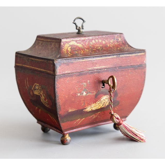 19th Century French Empire Chinoiserie Red Tole Tea Caddy Sarcophagus Box For Sale - Image 12 of 12