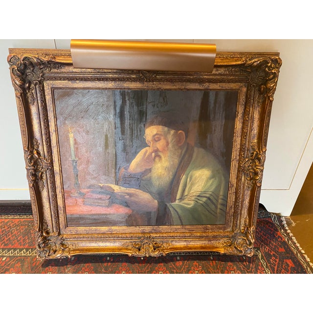 Beautiful antique oil painting of Jewish Rabbi with beautiful frame and lamp.