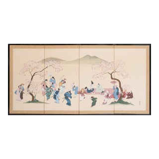 1985 Tanaka Ohen, C. O. A., Shōwa Era Japanese Byobu Screen "Cherry Viewing" For Sale