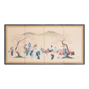 1985 Tanaka Ohen, C. O. A., Shōwa Era Japanese Byobu Screen "Cherry Viewing"