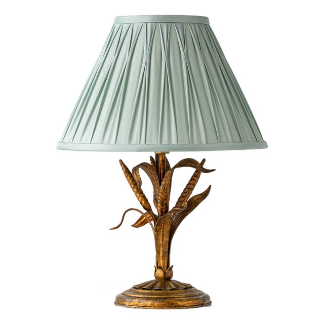 Vintage French Gilt Wheat Sheaf Table Lamp with New Silk Lampshade, 1950s For Sale