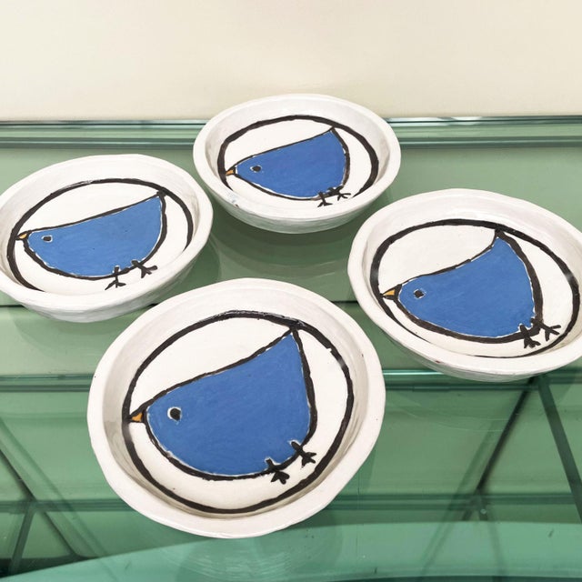 Blue Folk Art Style Handmade White Ceramic Plates with Blue Birds, 1990s, Set of 4 For Sale - Image 8 of 9