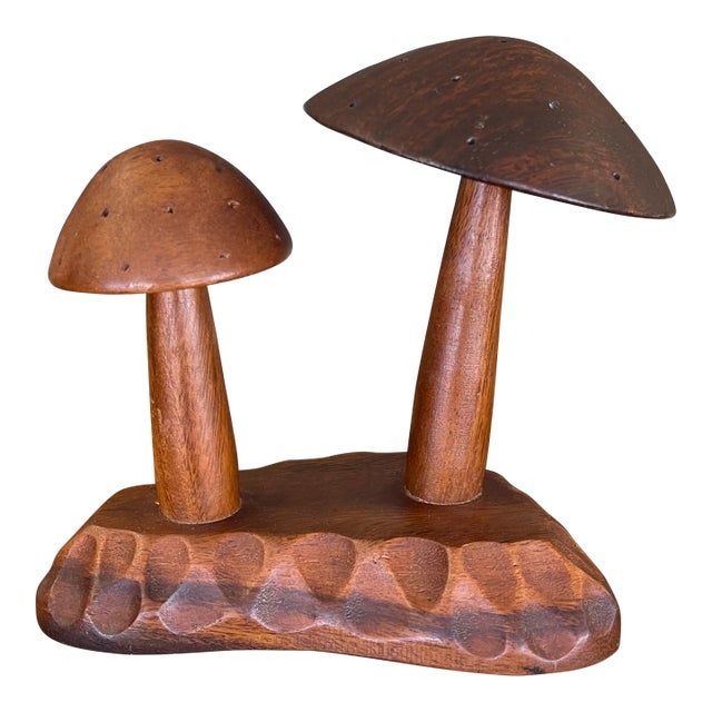 Vintage Mid-Century Hand-Carved Monkey Pod Wood Mushroom Sculpture by Leilani, Made in Philippines. For Sale