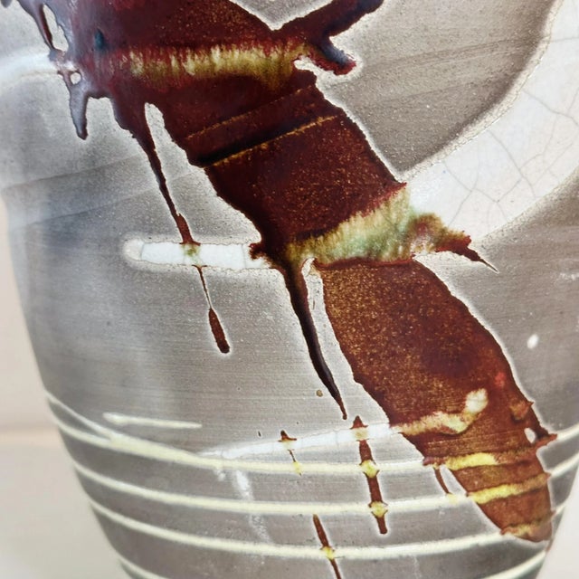 Ceramic Mid-Century Hand Thrown Raku Pottery Vase With Bold Glazing and Pinched Form For Sale - Image 7 of 9
