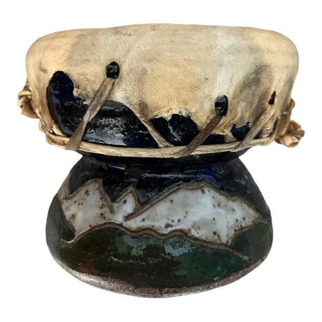 Vintage hand-thrown ceramic and leather drum. Artist signed on inner base. Appears to read “JK”