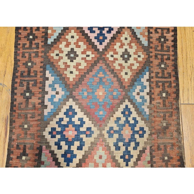 Antique Varamin Kilim Runner, Handwoven Wool, Caucasian Geometric Pattern, 3x12 For Sale - Image 11 of 17