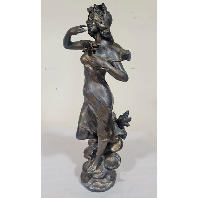Antique French 20thC Young Lady Art Nouveau Bronzed Metal Sculpture Figure Woman For Sale - Image 10 of 13