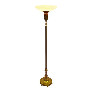 Vintage Torchiere Floor Lamp W/ Opalescent Glass Shade For Sale