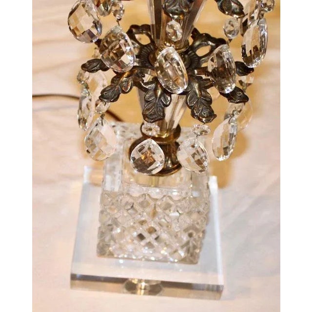 Metal 1970's Hollywood Regency Pineapple Cut Glass & Brass Lamps with Hanging Crystals on Lucite Bases - a Pair For Sale - Image 7 of 13