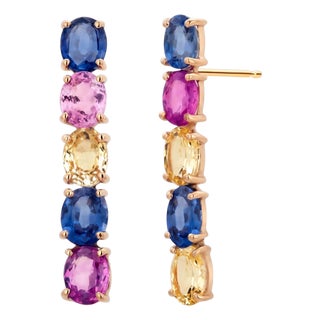14k Yellow Gold Multi-Sapphire Drop Earrings 9.20 Carats Total Weight For Sale