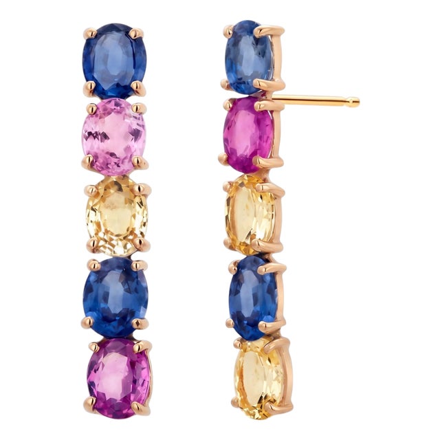 14k Yellow Gold Multi-Sapphire Drop Earrings 9.20 Carats Total Weight For Sale